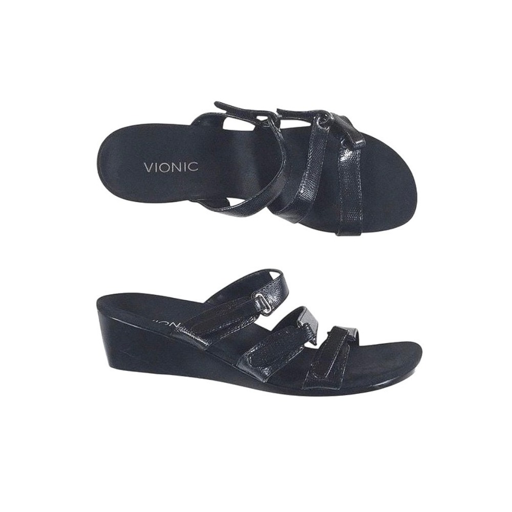 Vionic Dwyn Triple Strap Wedge Sandals Black Leather Shoes Size 6-Comfort VGUC